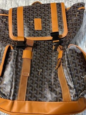 Goyard Brown Patterned Canvas Backpack with Tan Leather Trim